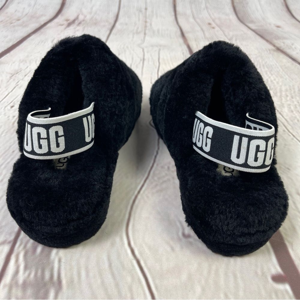 UGG Fluff Yeah black furry soft slippers slides with back straps, size 5 - Picture 3 of 11